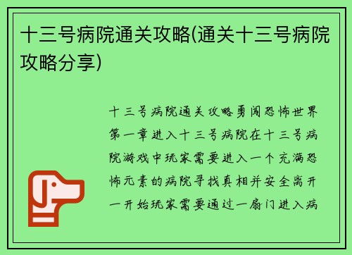 十三号病院通关攻略(通关十三号病院攻略分享)